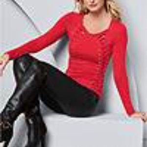 Red long sleeve lace up detail top